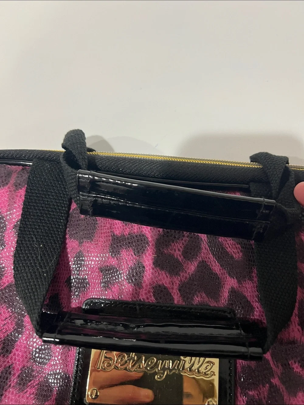 Betsey Johnson pink and black leopard print handbag or laptop tote.